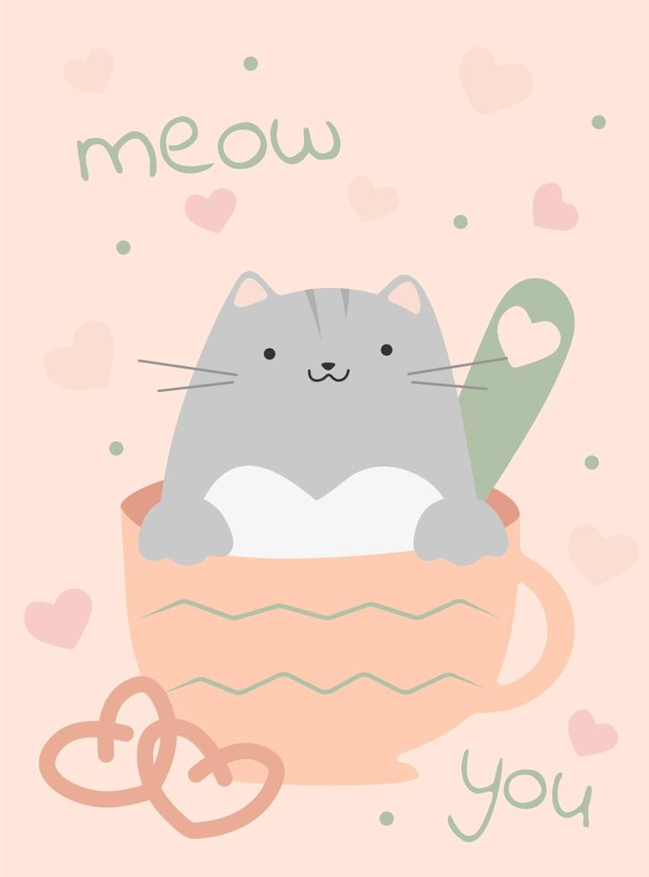 cartes de jeu de vecteur aiment les chats de la Saint-Valentin. bannières verticales couleurs pastel. mignons chatons miaou