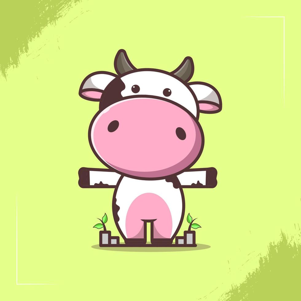 illustration de personnage de vache mignonne avec deux plantes vecteur