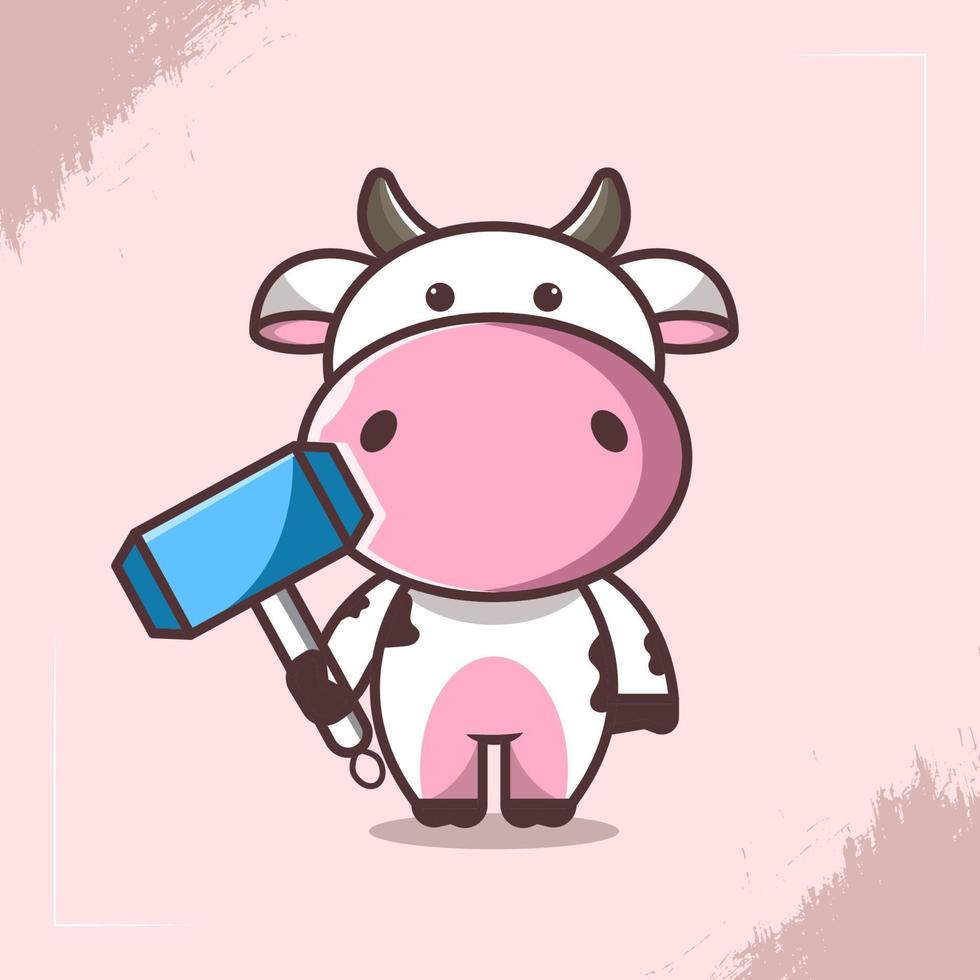 illustration de personnage de vache mignonne portant un marteau vecteur