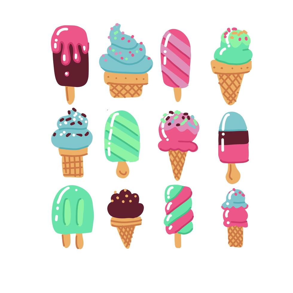 ensemble d'icônes de glace d'art dessinés à la main à plat. nourriture des desserts. ensemble de divers types de croquis de couleurs vives de crème glacée simple dans une tasse à gaufres, illustration de gribouillis popsicle.vector isolé sur fond blanc vecteur