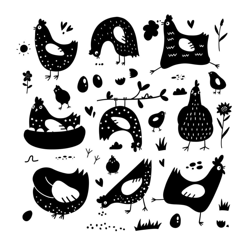 clipart de poulets, poules, coqs, oeufs dans un style scandinave simple, silhouette noire art. les éléments de conception couvrent l'emballage alimentaire, la bannière publicitaire, la carte. vecteur