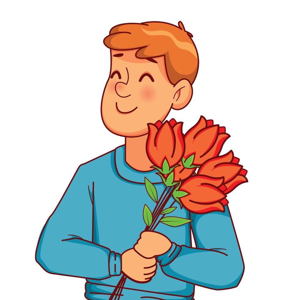 personnages de dessins animés homme avec un bouquet de tulipes vecteur