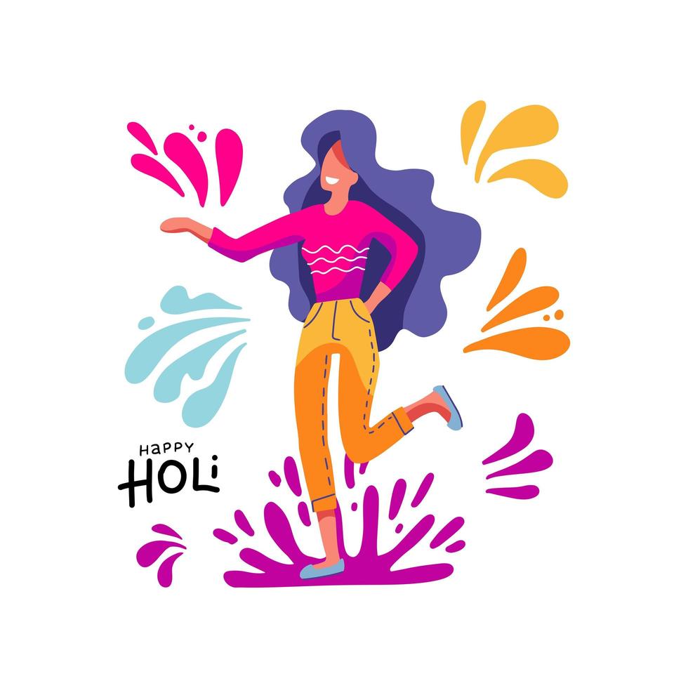 joyeuses fêtes. femme participant au festival indien traditionnel des couleurs. belle jeune femme heureuse. imprimé isolé coloré. illustration vectorielle sur fond blanc avec des taches de couleur, éclaboussures vecteur