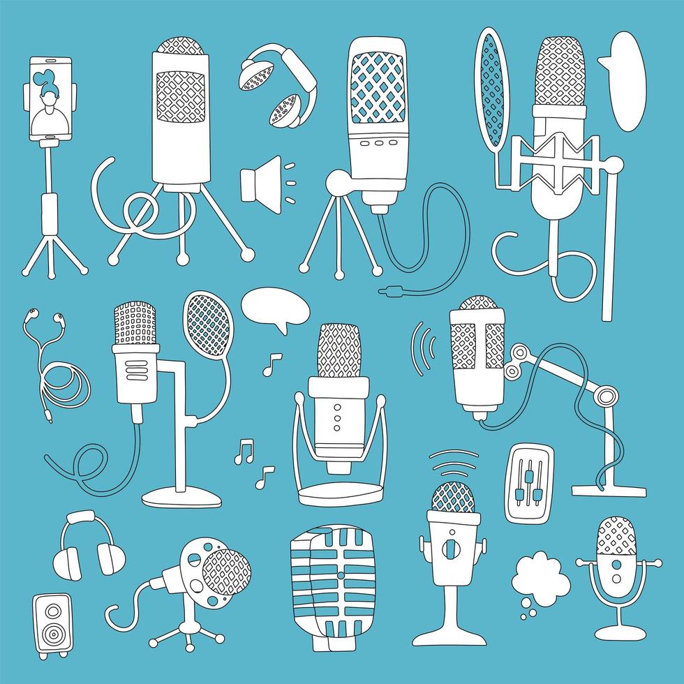 ensemble de microphones différents isolés sur fond de couleur. ancien studio, table et micro radio. illustration vectorielle de style rétro vintage dessinés à la main doodle comics. collection de griffonnages. vecteur