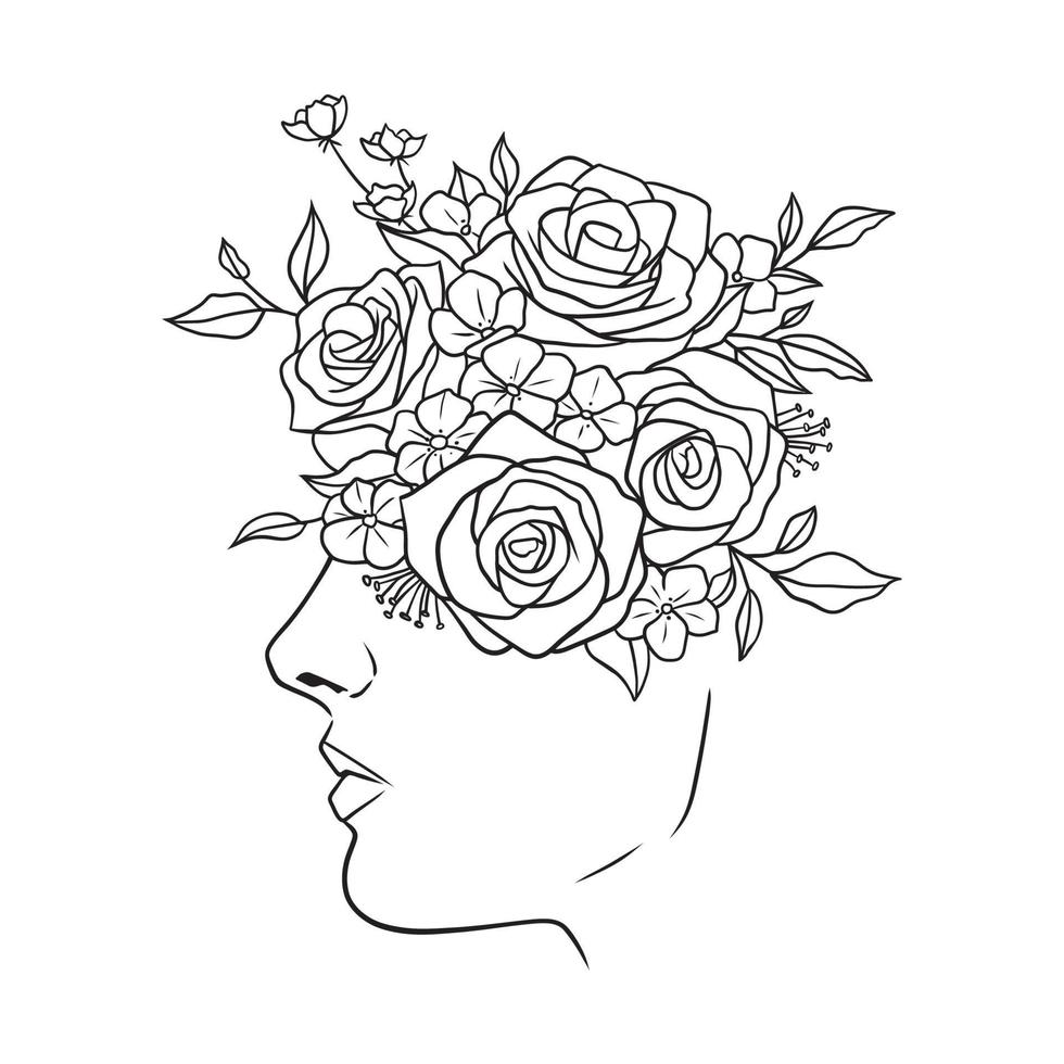 beau visage de femme avec des fleurs illustration en noir et blanc sur fond blanc vecteur