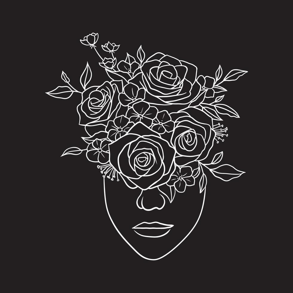 beau visage de femme avec des fleurs illustration en noir et blanc sur fond noir vecteur