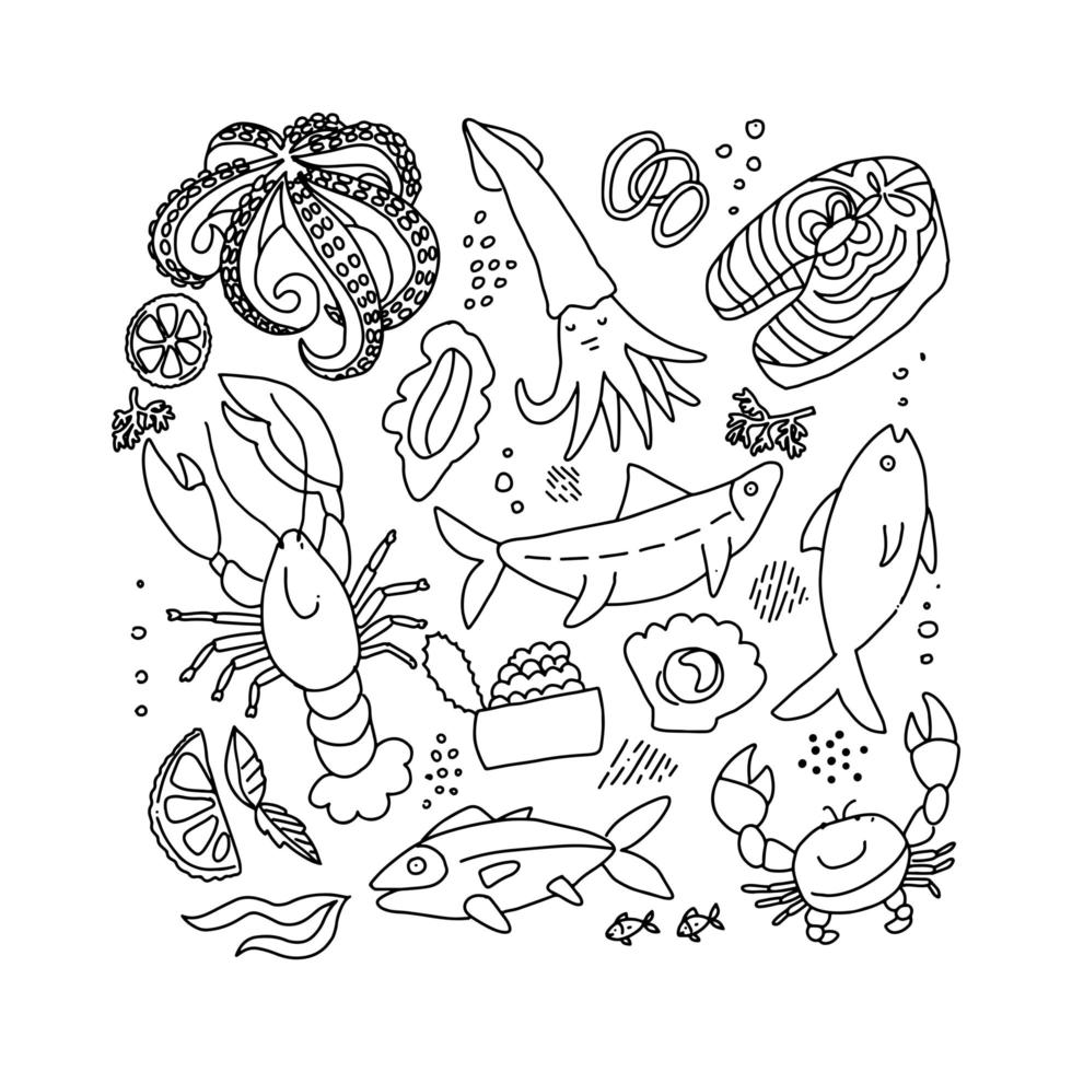 ensemble de croquis de fruits de mer simples et rugueux dessinés à la main en noir et blanc. illustration vectorielle sur fond blanc. tranches de poisson, homard, crabe, calmar pour la conception de sites Web, impressions textiles, affiches, menu vecteur