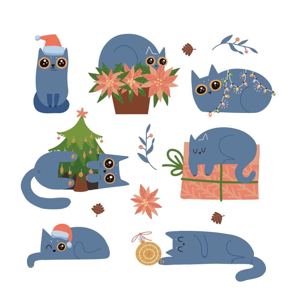 ensemble de chats mignons portant des tenues d'hiver et jouant avec des boules de sapin de noël. animaux de compagnie coquins s'amuser. joyeuses fêtes illustration vectorielle plane de caractère pour animaux de compagnie. vecteur