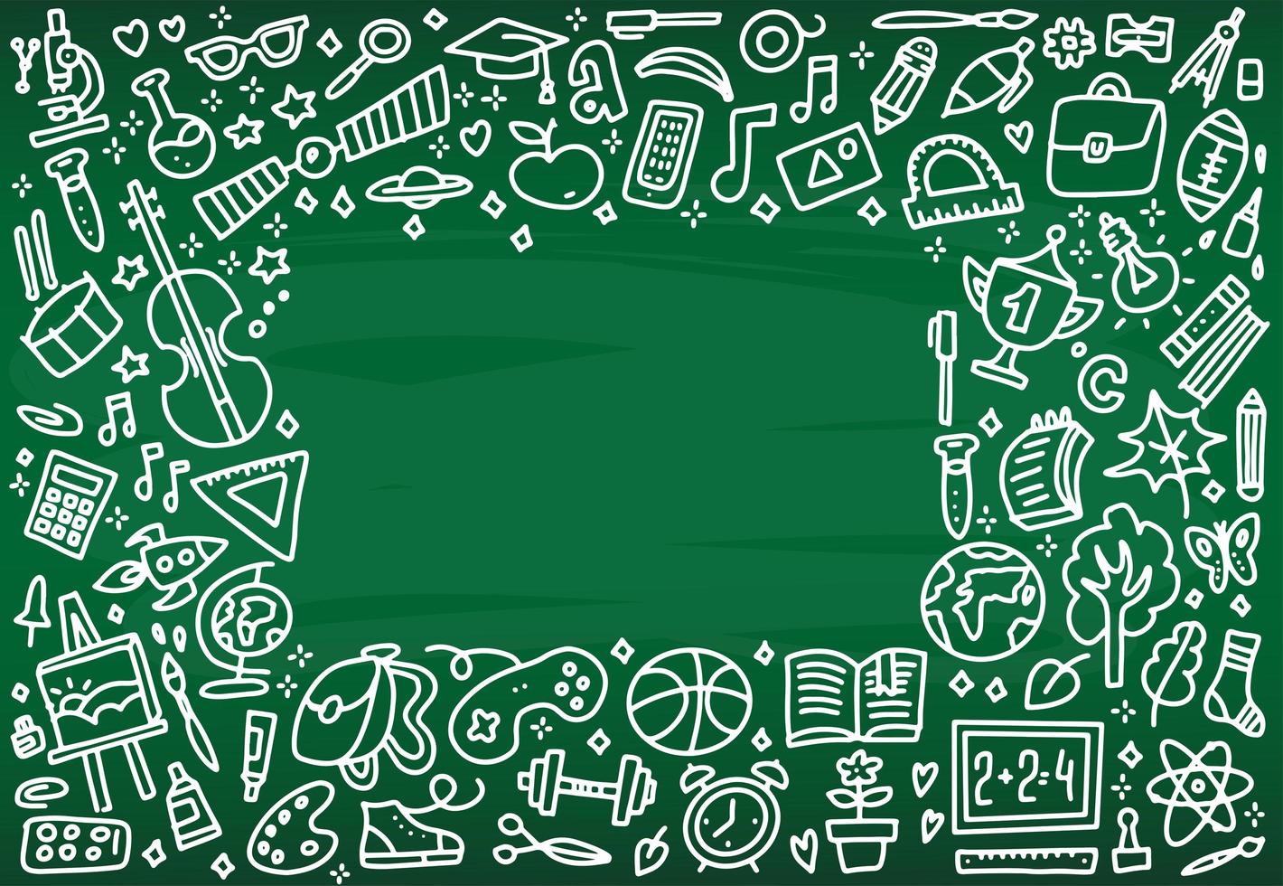 cadre de bannière de retour à l'école avec la texture des icônes d'art en ligne de l'éducation, des objets scientifiques et des fournitures de bureau sur le fond de tableau vert. vecteur