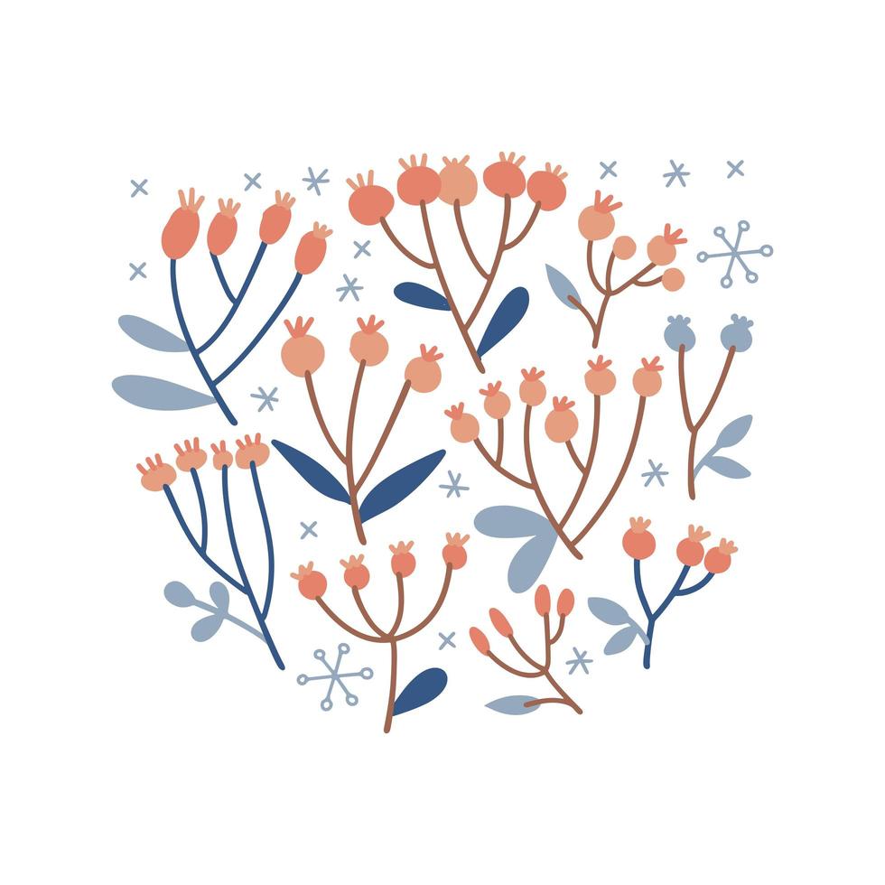 composition de petites branches de noël avec des baies. concept de la saison d'hiver, vacances, noël, nouvel an. élément clipart isolé. illustration plate de vecteur. seulement 5 couleurs - facile à recolorer. vecteur