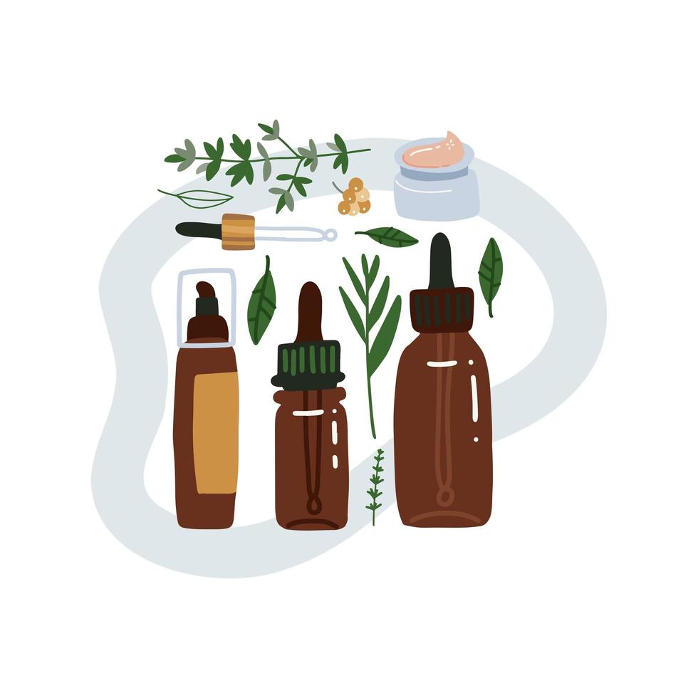 composition à plat avec des feuilles et des produits cosmétiques biologiques naturels dans des bouteilles, des tubes et des pots pour les soins de la peau, et de la crème faite à la main avec des plantes et des herbes. ensemble de routine de soins de la peau. illustration vectorielle plane vecteur