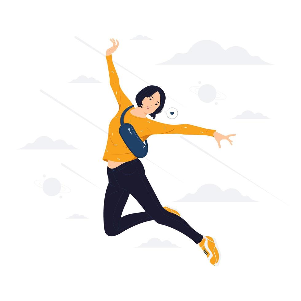 femme enthousiaste saute et vole dans le ciel avec illustration de concept de joie vecteur