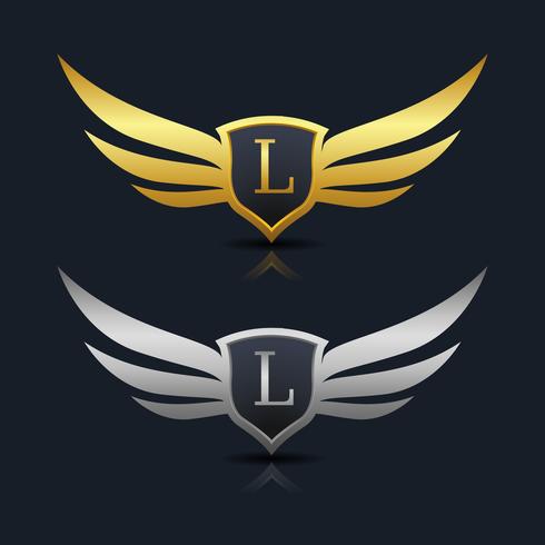 Modèle de logo L lettre Wings Shield vecteur