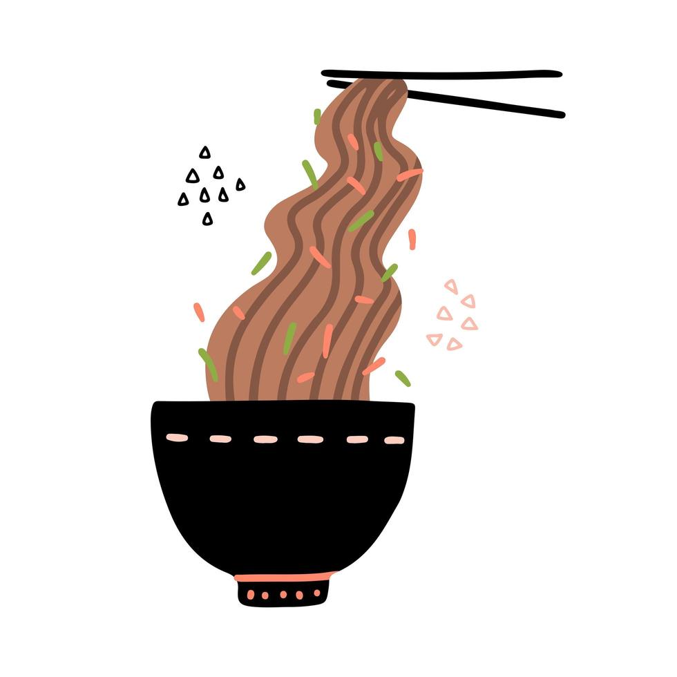 nouilles de sarrasin dans un bol noir et des baguettes tiennent soba isolé sur fond blanc. nourriture japonaise. illustration vectorielle de nouilles soba cuites dans un style plat simple dessin animé avec décor. vecteur