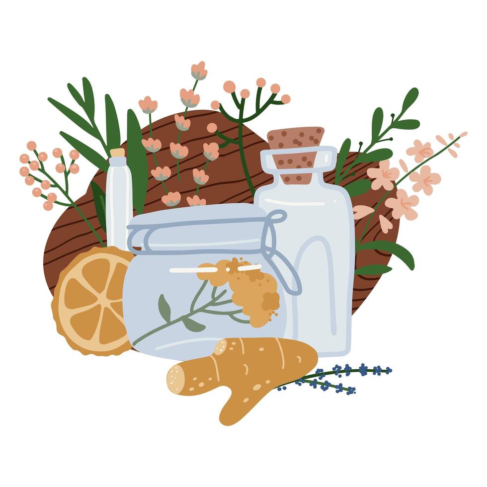 collection de flacons et pot aux huiles essentielles de lavande, gingembre, bergamote et agrumes. huiles essentielles cosmétiques, de parfumerie et médicales. illustration vectorielle dessinée à la main de cosmétiques à base de plantes. vecteur