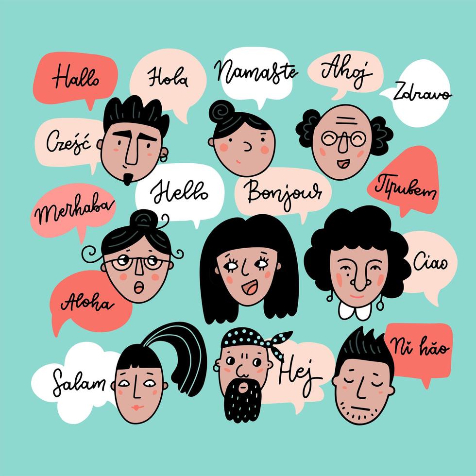 groupe de personnes avec des nuages de parole de différentes langues étrangères disant bonjour. doodle couleur illustration vectorielle dessinés à la main. vecteur