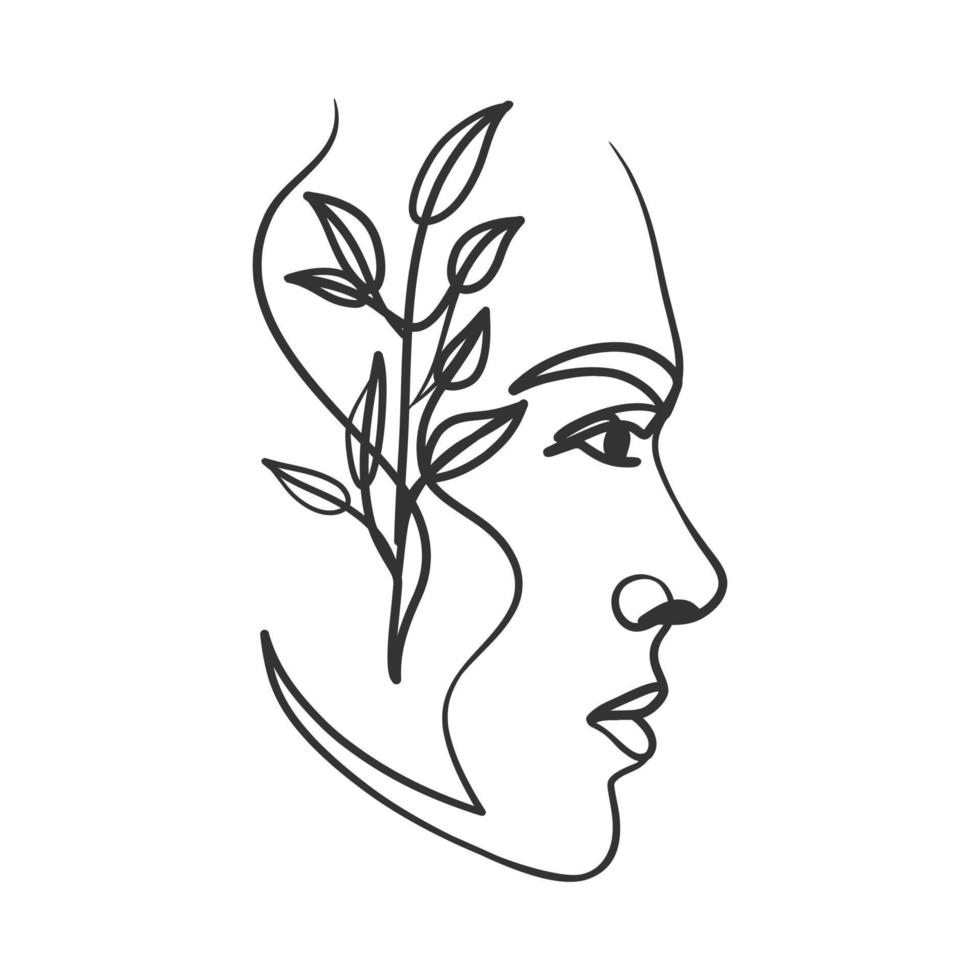 dessin en ligne continu du visage de la femme. visage de femme avec plante vecteur