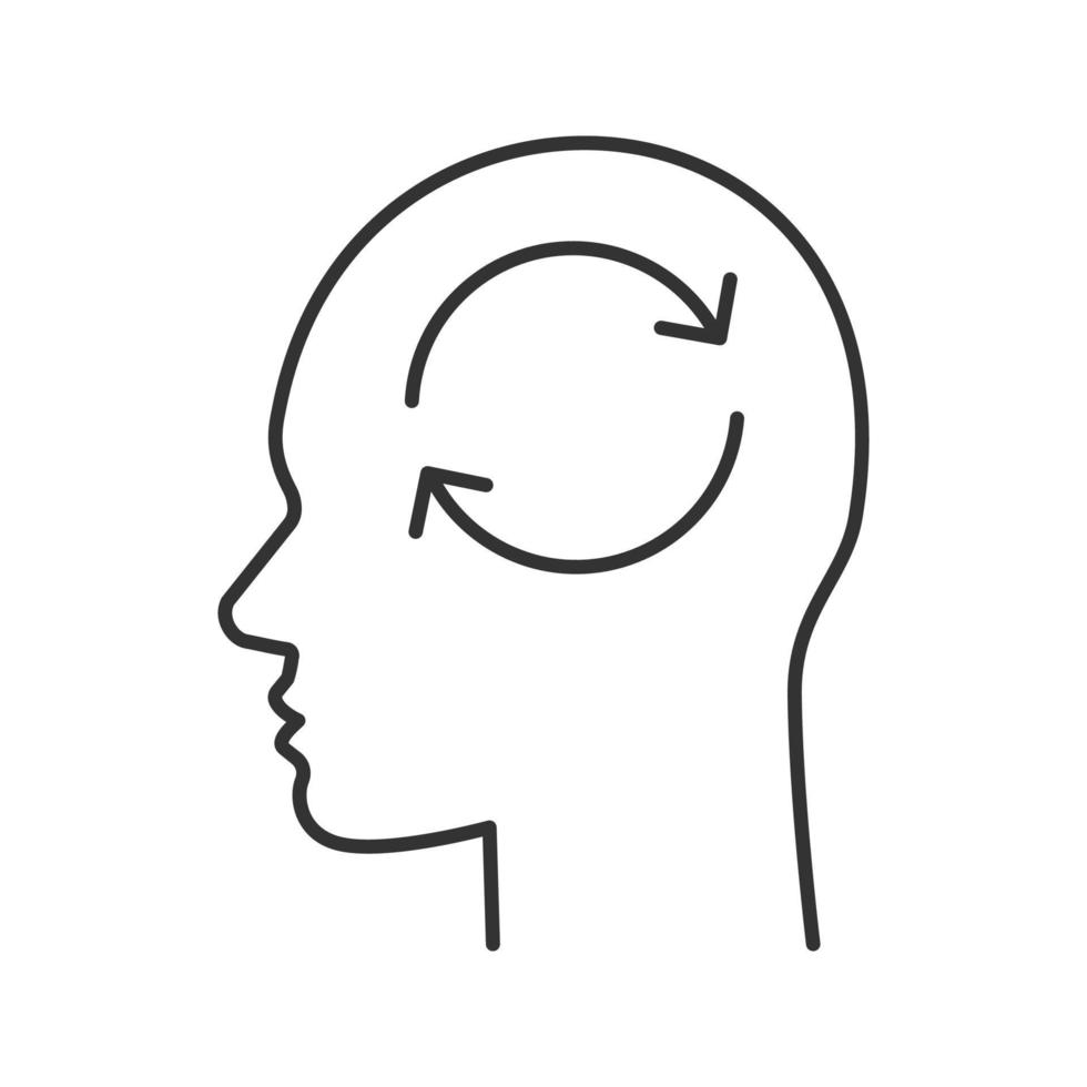tête humaine avec signe de rafraîchissement à l'intérieur de l'icône linéaire. processus de synchronisation. illustration de la ligne mince. intelligence artificielle. symbole de contour. dessin de contour isolé de vecteur