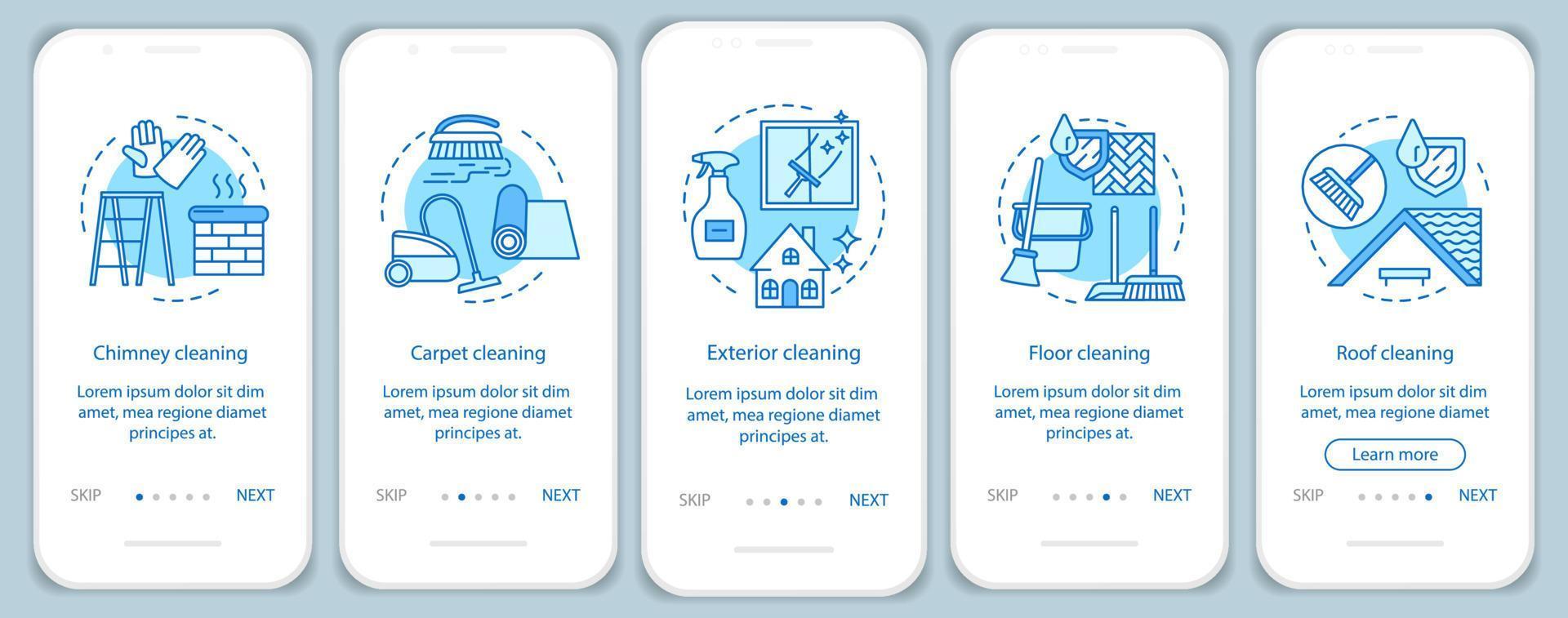 écran de page d'application mobile d'intégration de services de nettoyage supplémentaires, concepts linéaires. cinq instructions graphiques pas à pas. cheminée, ravalement extérieur. ux, ui, modèle vectoriel gui avec illustrations