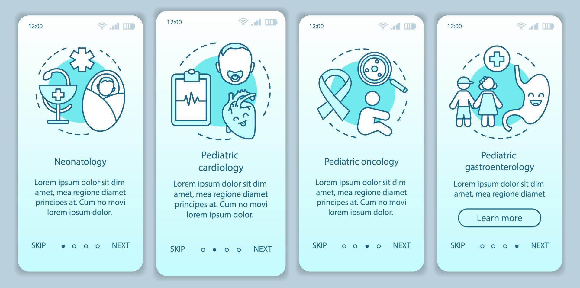 modèle de vecteur d'écran de page d'application mobile d'intégration des services pédiatriques. néonatologie, oncologie, gastro-entérologie. étapes du site Web pas à pas avec des icônes linéaires. concept d'interface de smartphone ux, ui, gui