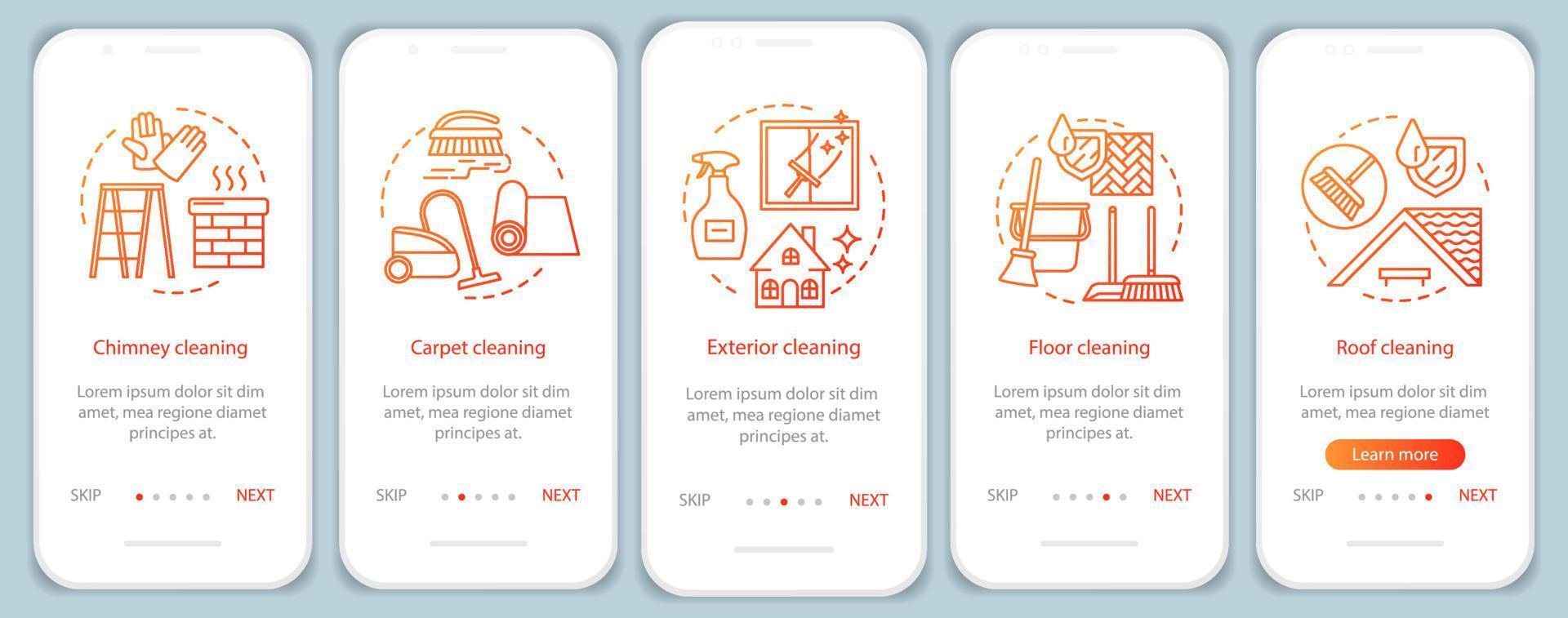 écran de page d'application mobile d'intégration de services de nettoyage supplémentaires, concepts linéaires. cheminée, ravalement extérieur. cinq instructions graphiques pas à pas. ux, ui, modèle vectoriel gui avec illustrations