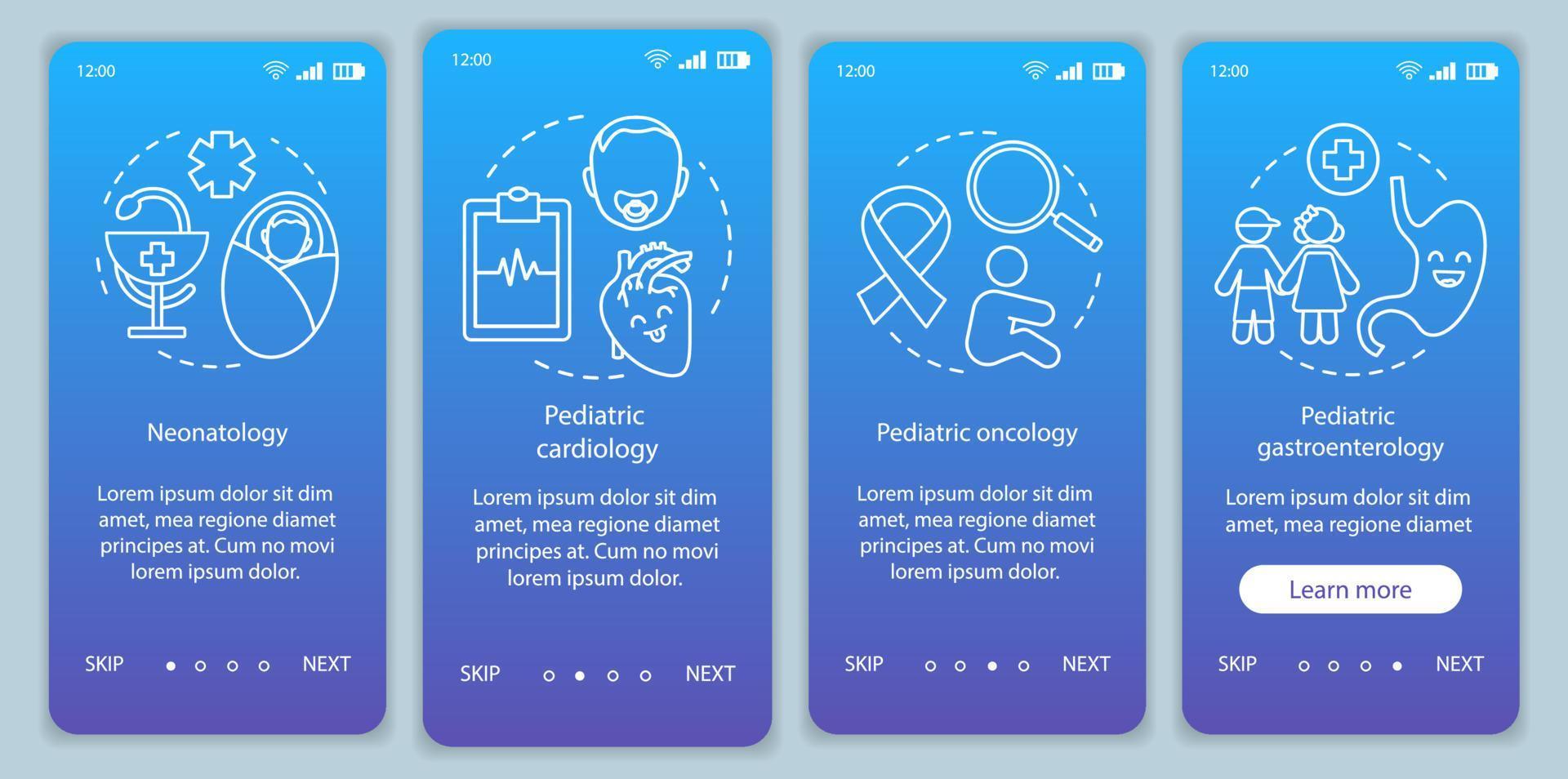 modèle de vecteur d'écran de page d'application mobile d'intégration des services pédiatriques. néonatologie, cardiologie, oncologie, gastro-entérologie. étapes du site Web pas à pas avec l'icône. concept d'interface de smartphone ux, ui, gui