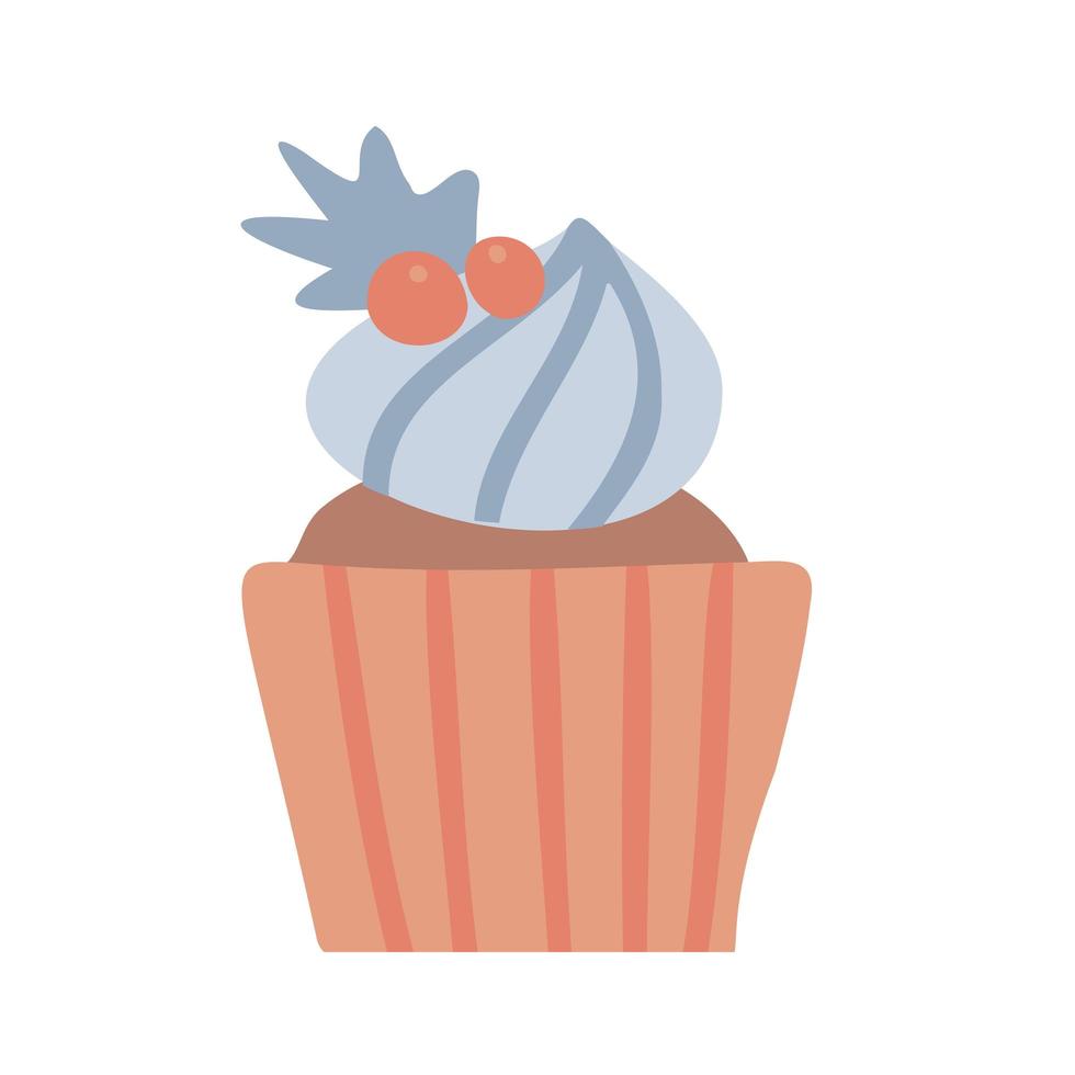 cupcake de noël avec décor de baies de houx. élément isolé à main levée. illustration plate de vecteur. seulement 5 couleurs - facile à recolorer. vecteur