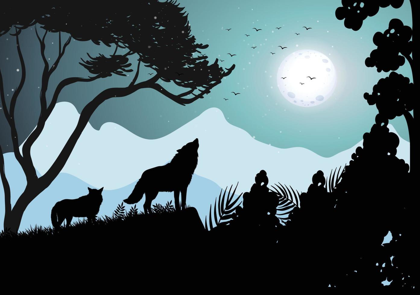 loup hurlant silhouette avec grande pleine lune vecteur