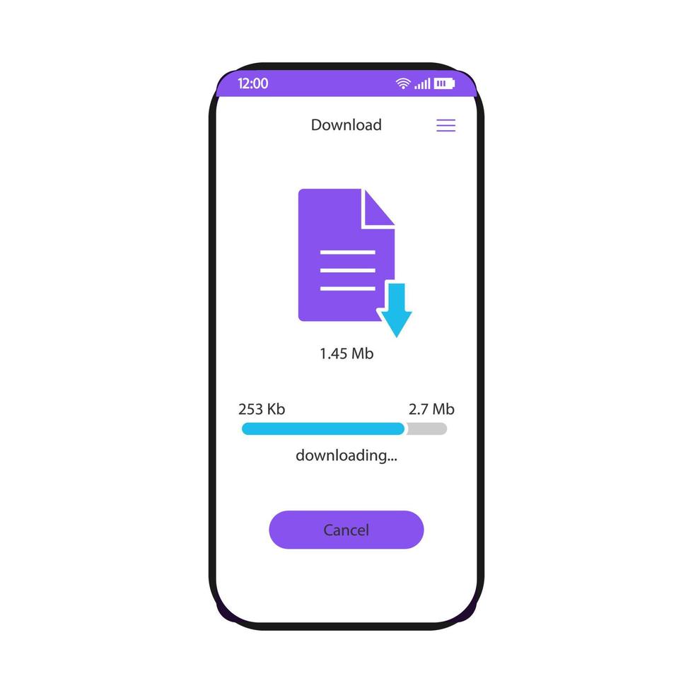 télécharger le modèle de vecteur d'interface de smartphone de gestionnaire de fichiers. Disposition de conception blanche de la page de l'application de stockage mobile. écran d'application du processus de téléchargement de documents. interface utilisateur plate de l'économiseur de données en ligne sur l'écran du téléphone