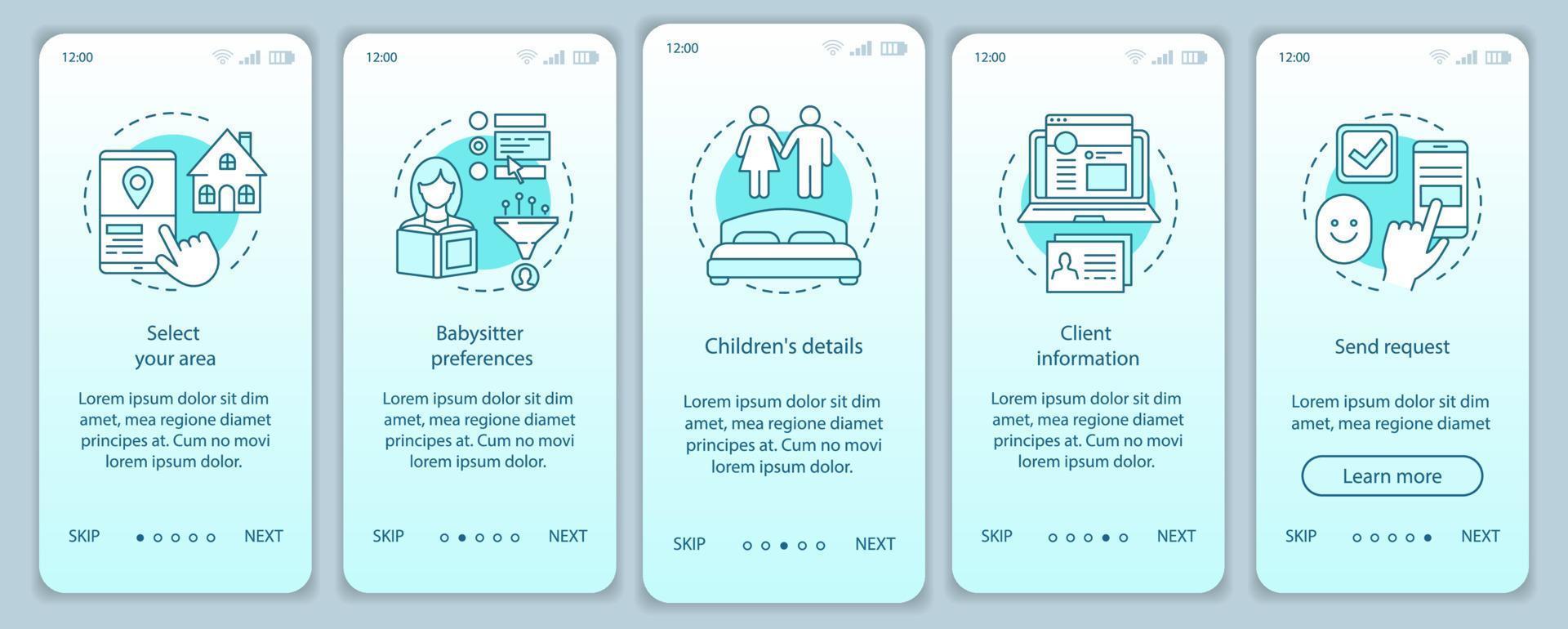 baby-sitter choisissant le modèle de vecteur d'écran de page d'application mobile d'intégration. réservation de service de garde. réservation nounou. garde d'enfants à domicile. étapes du site Web pas à pas. ux, ui, interface graphique pour smartphone