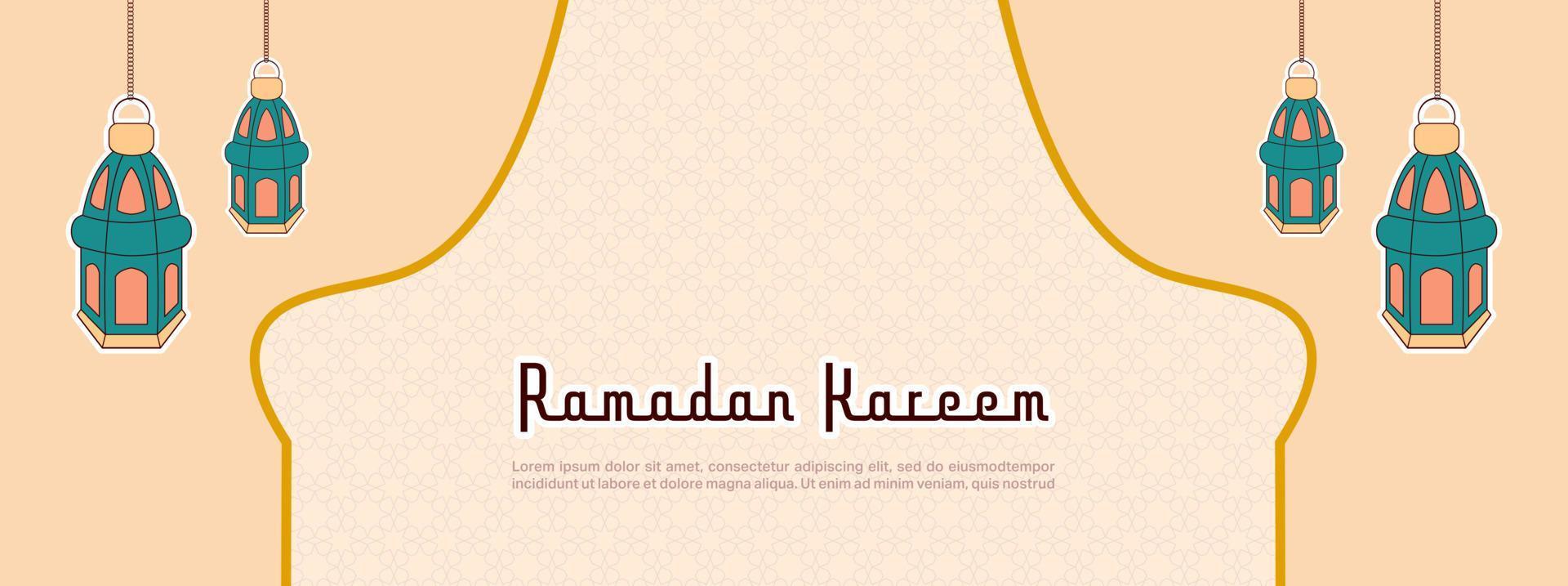 bannière vectorielle horizontale ramadan kareem. religion musulmane mois sacré bannière plate copie espace illustration vectorielle. bannière avec décoration de lampes. vecteur