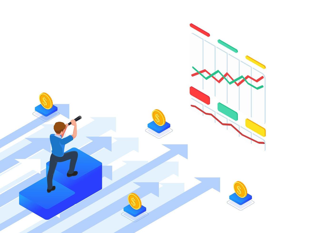 échelle de réussite, vision pour diriger l'entreprise pour atteindre un objectif ou une opportunité dans le concept de carrière, un chef d'entreprise intelligent et confiant trouve une stratégie pour une entreprise. vecteur