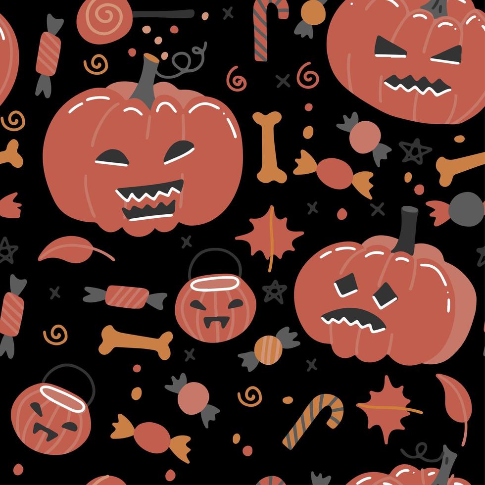 modèle sans couture de vecteur d'halloween avec des citrouilles, des os et des bonbons. illustration de couleurs d'automne dessinées à la main à plat.