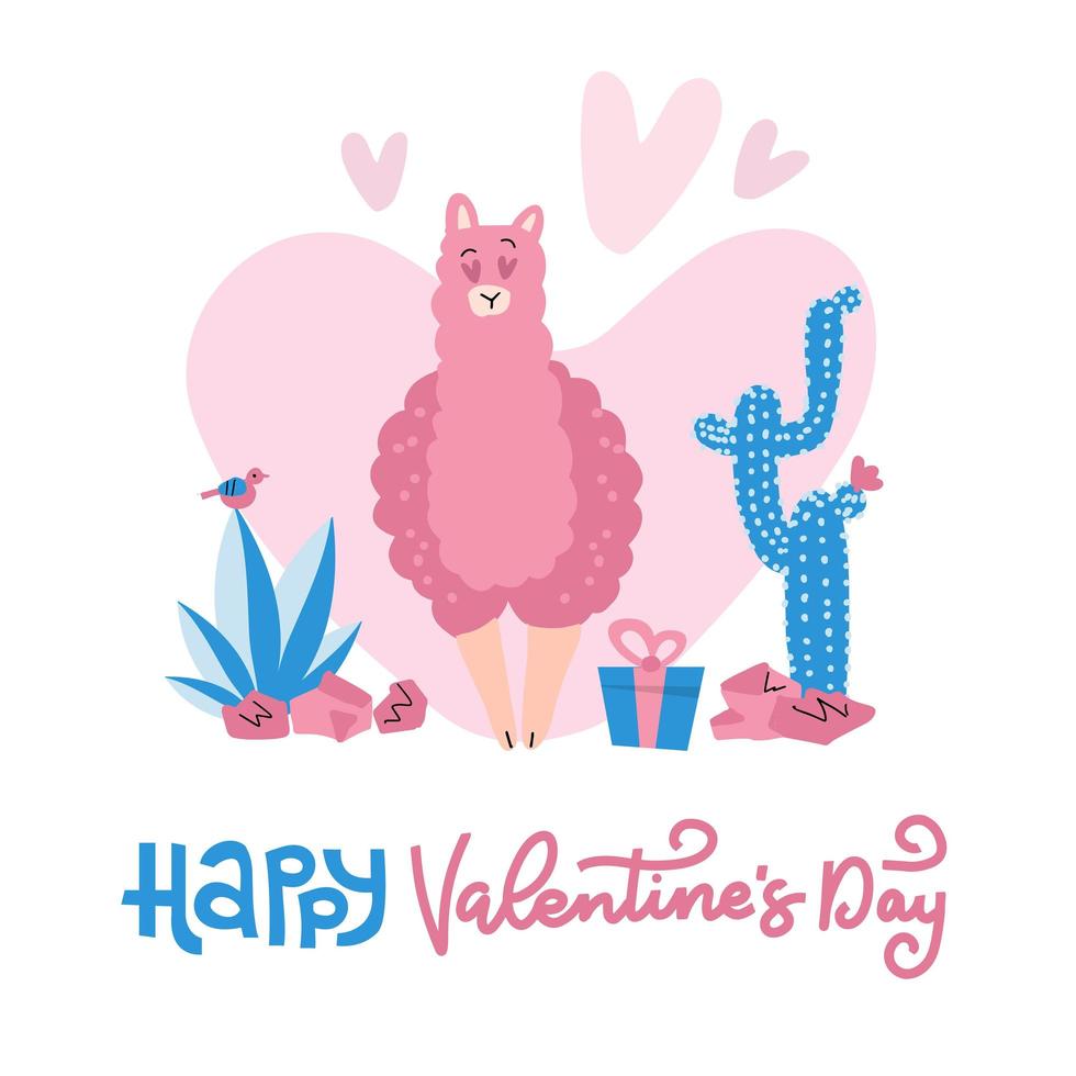 carte de saint valentin dessinée à la main avec un joli lama drôle amoureux, cactus, texte bonne saint valentin. illustration vectorielle. design plat de style scandinave. concept pour la célébration, inviter, imprimer les enfants. vecteur