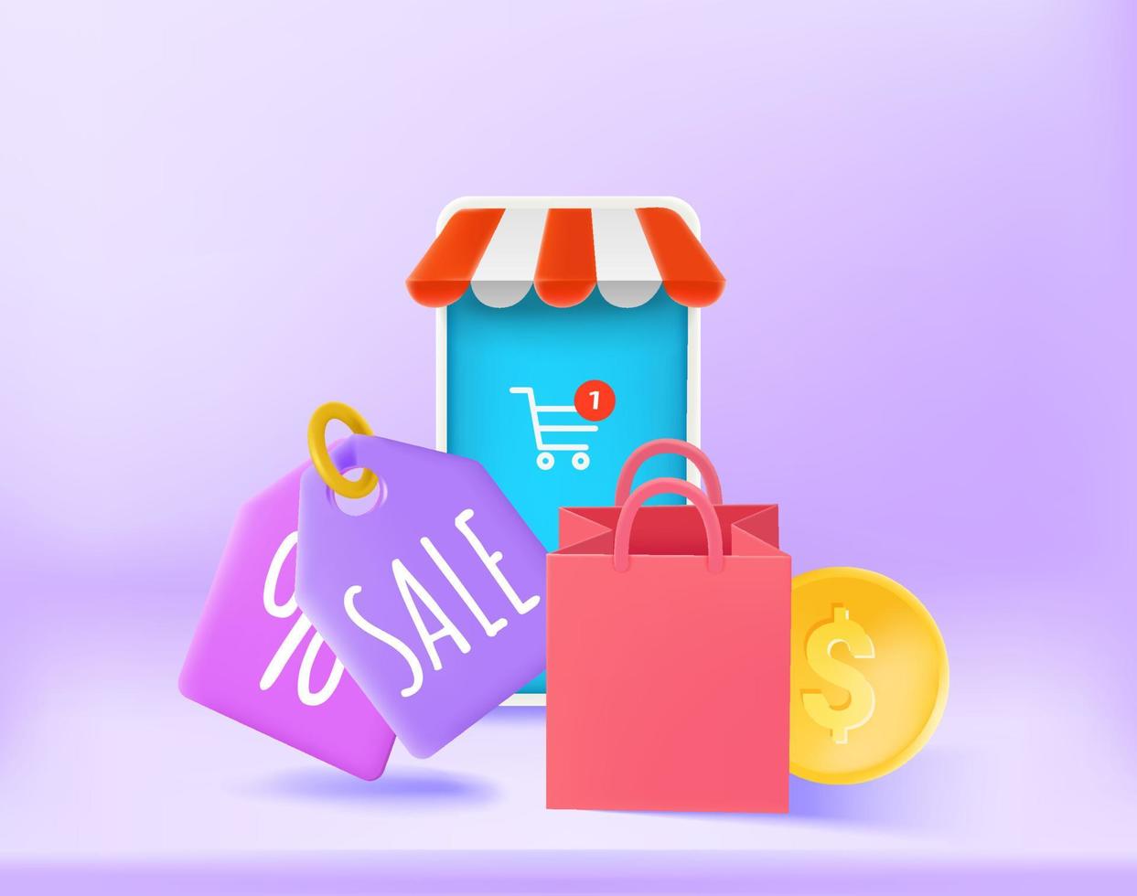 concept de shopping mobile avec smartphone et tags. illustration vectorielle 3d vecteur