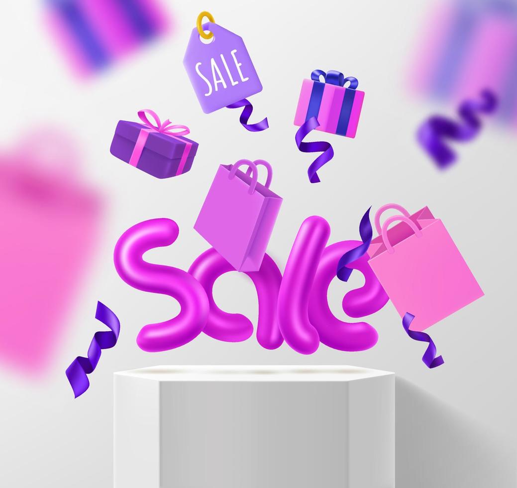 vitrine de studio avec sacs, boîtes, étiquettes et rubans. bannière de vente de saison. illustration vectorielle 3d vecteur