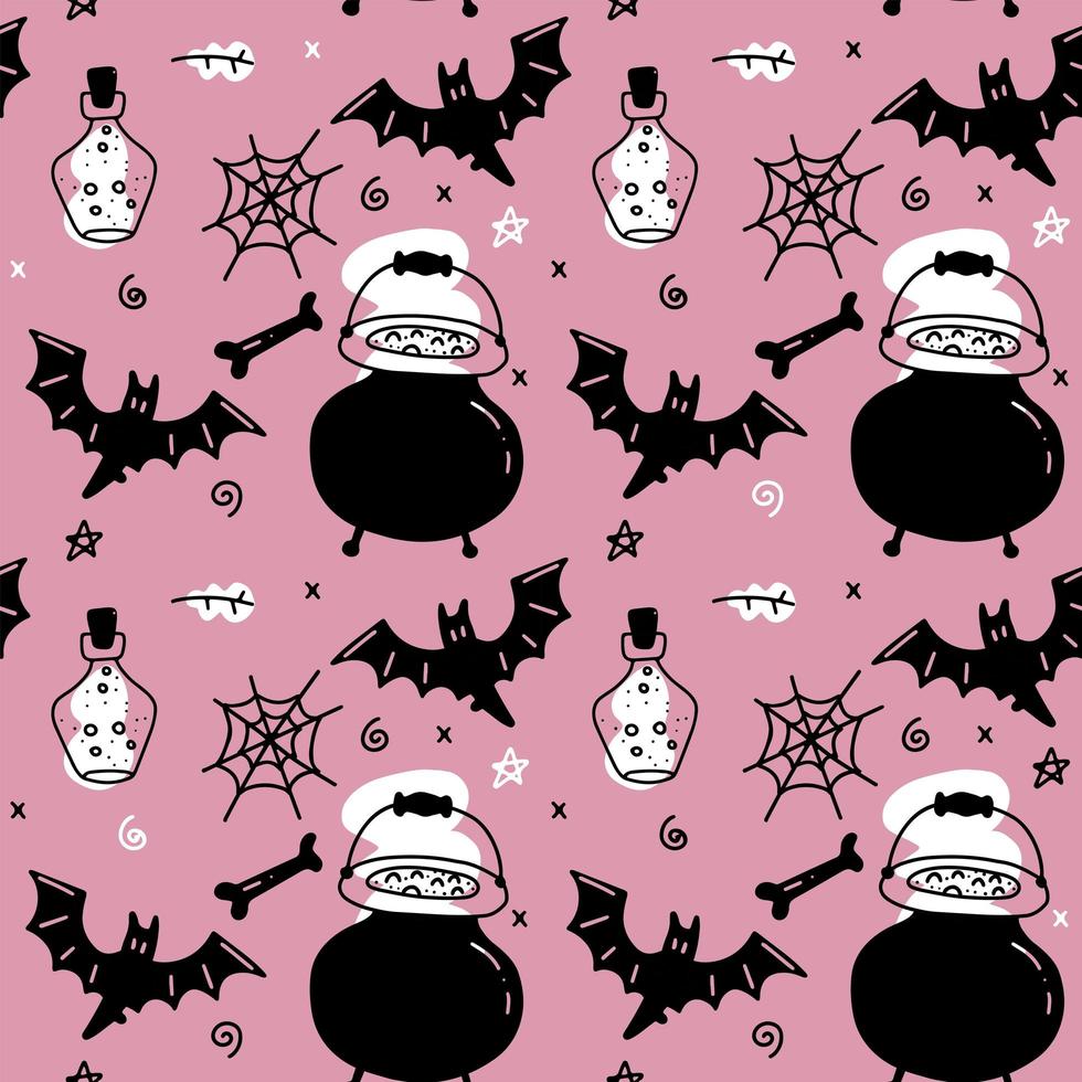 modèle sans couture d'halloween pour les filles. motif sans fin pour le fond, le scrapbooking, le papier d'emballage, les fonds d'écran. chaudron noir et rose, toile d'araignée, flacon en verre, attributs de chauve-souris et de sorcière. vecteur