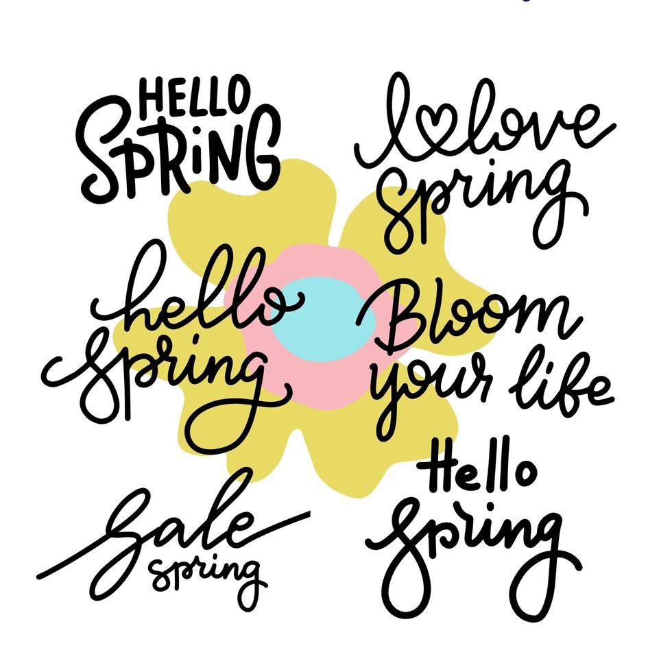 jeu de lettrage à la main de printemps. collection typographique et calligraphique de la ligne tendance. logos et emblèmes de printemps. illustration vectorielle vecteur