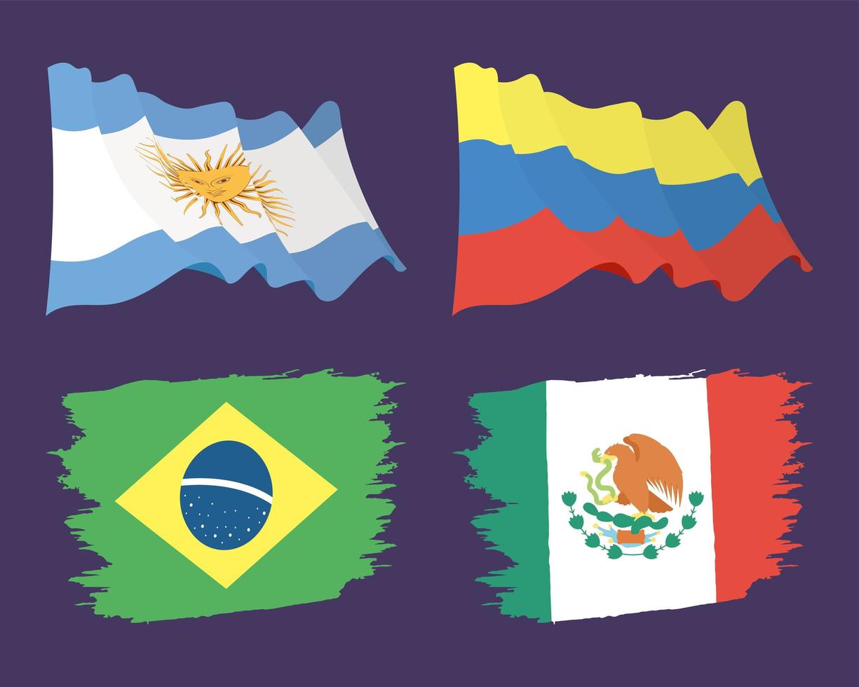 quatre icônes de drapeaux internationaux vecteur