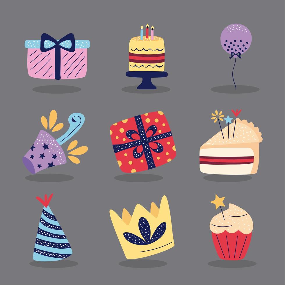 neuf icônes de joyeux anniversaire vecteur