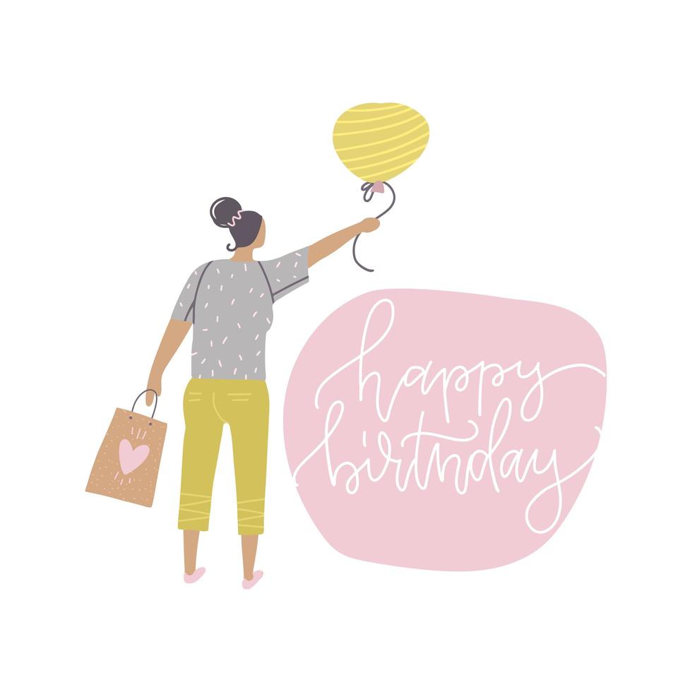 carte de joyeux anniversaire avec une femme cool tenant un ballon de fête et un cadeau. illustration vectorielle plate dessinée à la main avec texte de lettrage élégant. vecteur