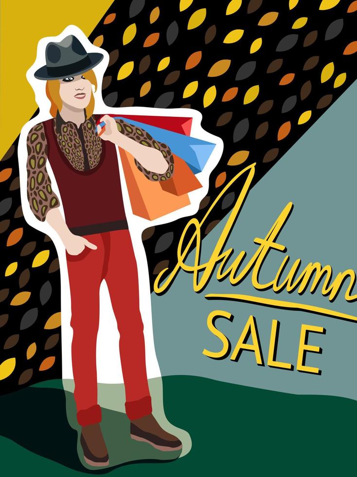 illustration vectorielle de jeune homme avec des achats dans un emballage lumineux. vente d'automne. vecteur