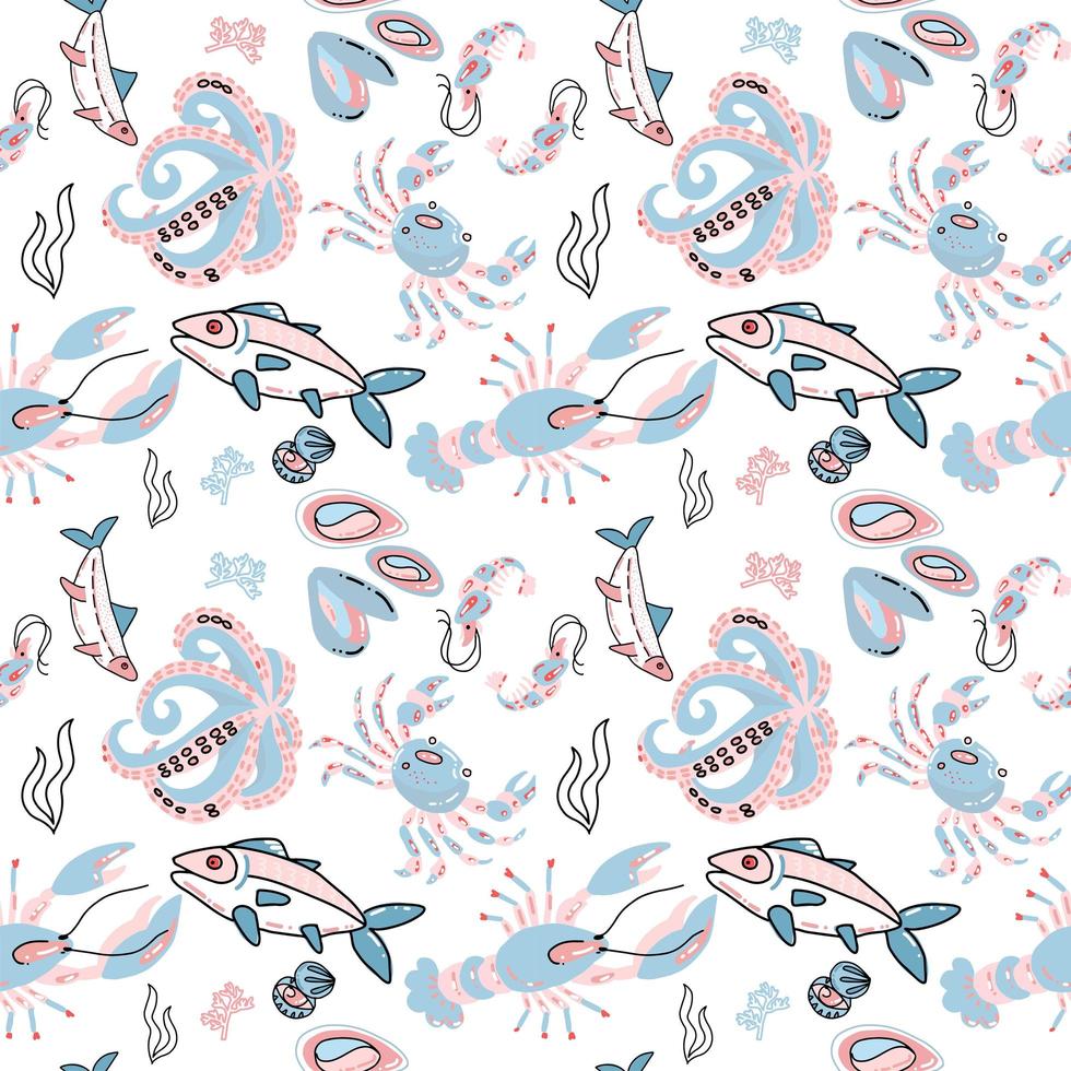 motif harmonieux de fruits de mer bleu clair avec illustration de griffonnage dessiné à la main dans un style scandinave. imprimer isolé sur fond blanc. de nombreux habitants marins - poissons, poulpes, coquillages, crabes, homards vecteur