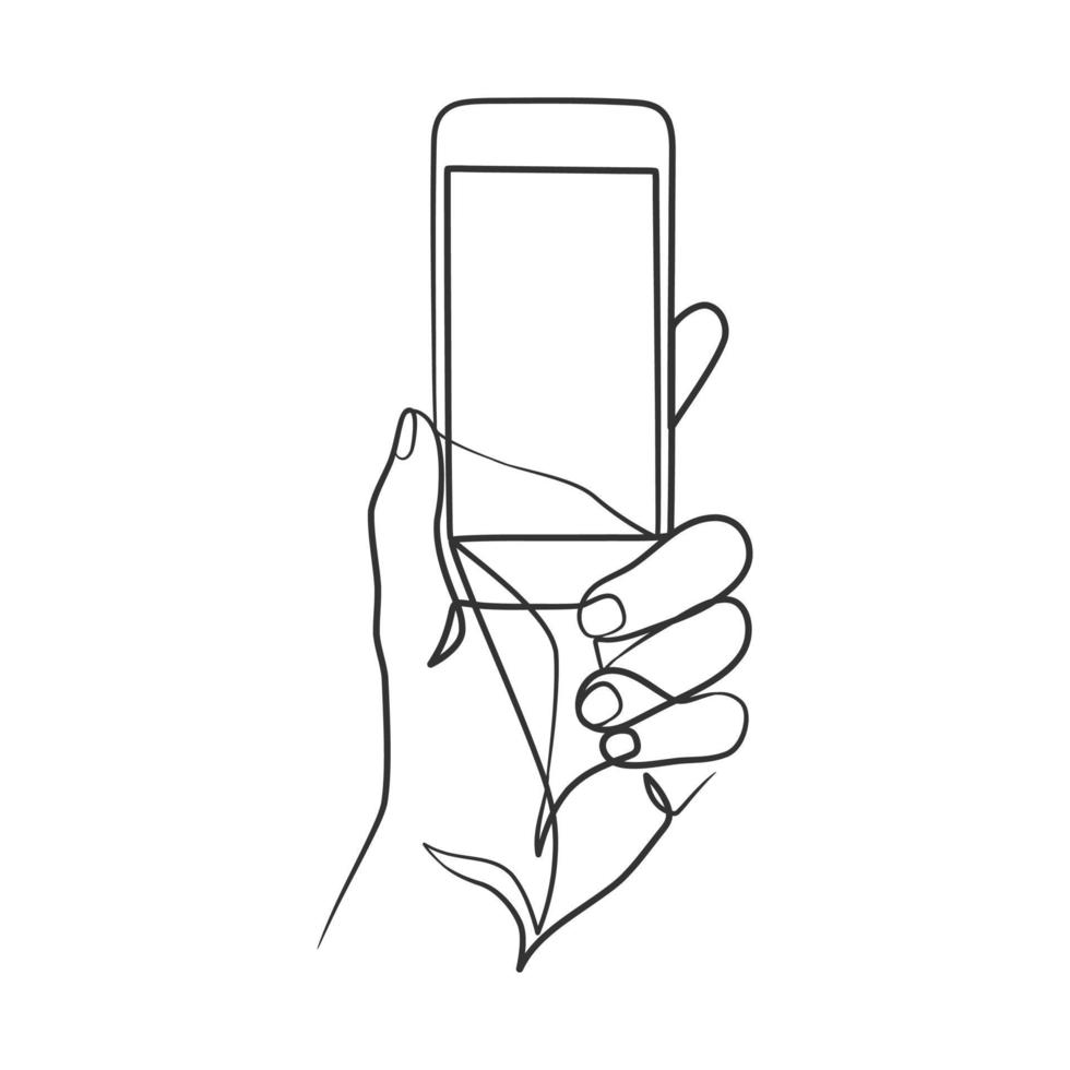 dessin au trait continu d'une main tenant un téléphone intelligent vecteur