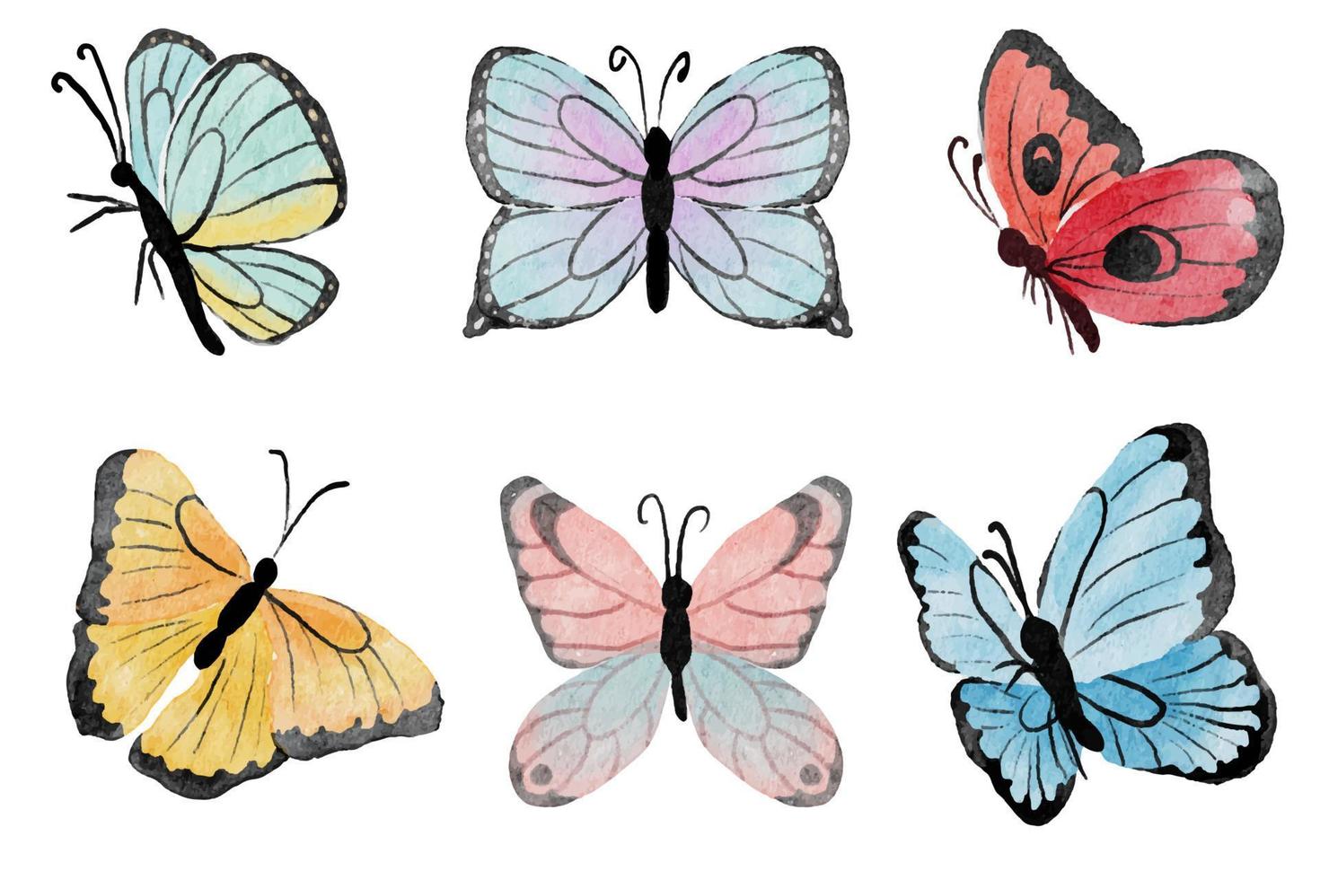 collection de papillons colorés dessinés à la main aquarelle isolé sur fond blanc vecteur