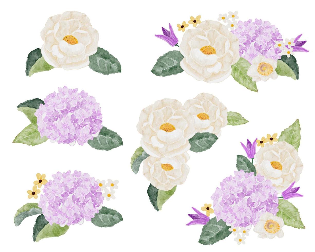 collection de bouquets de fleurs de camélia blanc aquarelle et d'hortensia violet vecteur