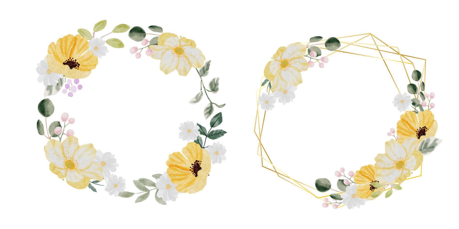 fleur de printemps colorée dessinée à la main aquarelle et couronne de bouquet de feuilles vertes avec collection de cadres dorés isolée sur fond blanc vecteur