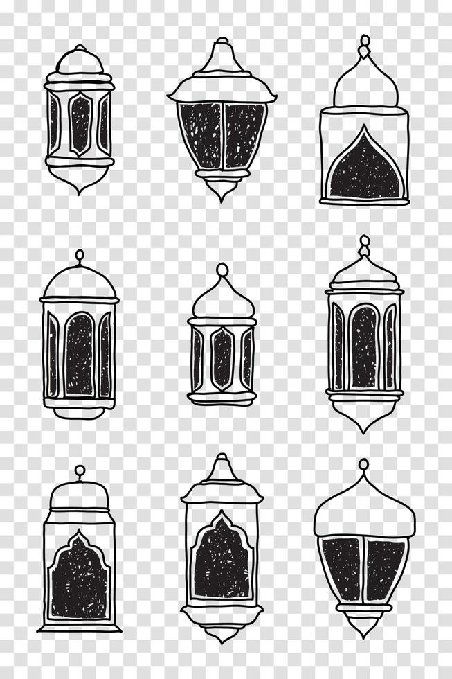 ensemble de collection d'icônes de symbole de lanterne arabe islamique de ligne. ensemble de lanternes dessinés à la main. illustration vectorielle dans le style doodle vecteur