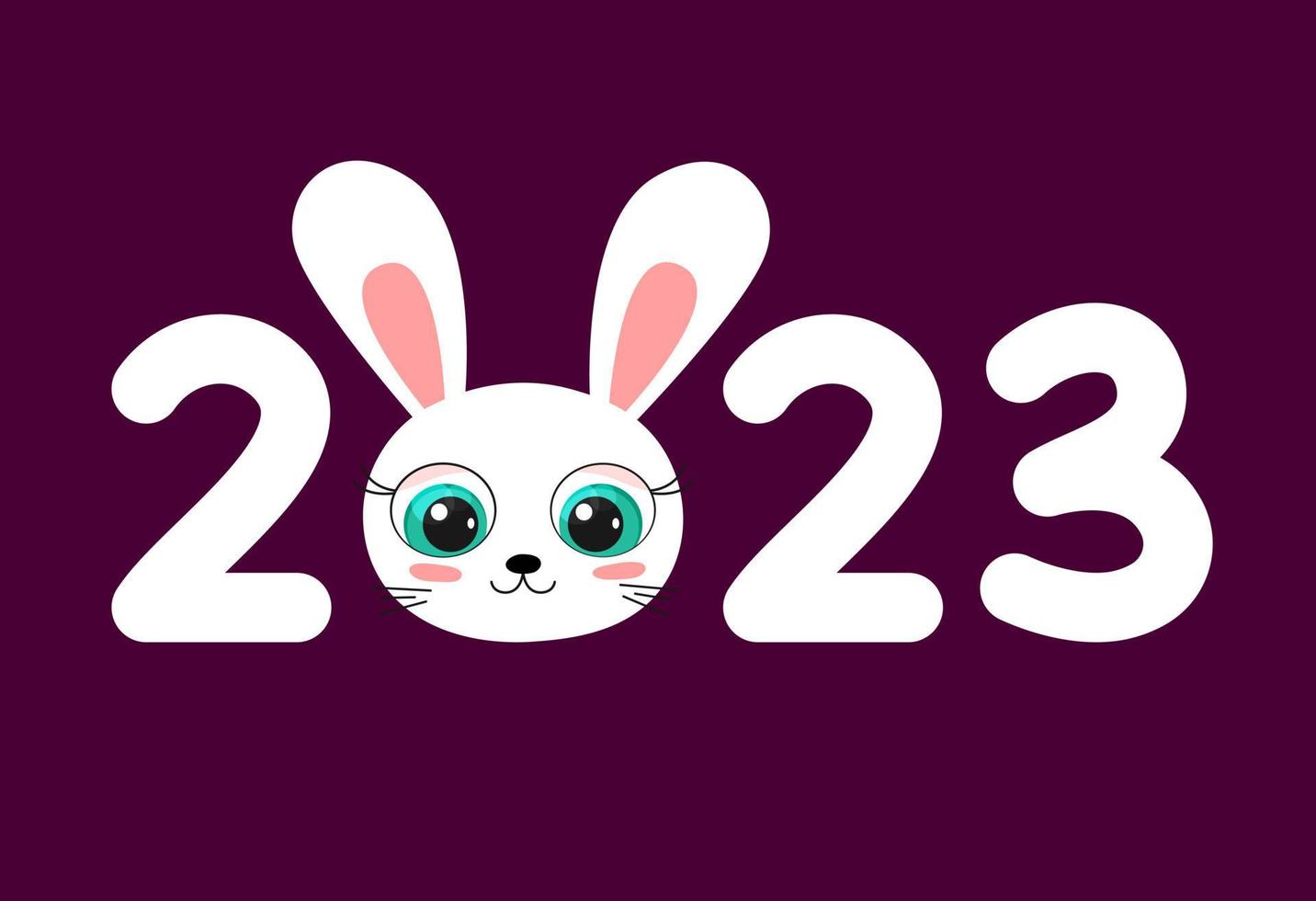 2023 année de lapin. illustration de dessin animé de vecteur de nouvel an chinois. numéros 2023 avec un joli visage de lapin sur fond rose foncé. signe du zodiaque chinois oriental