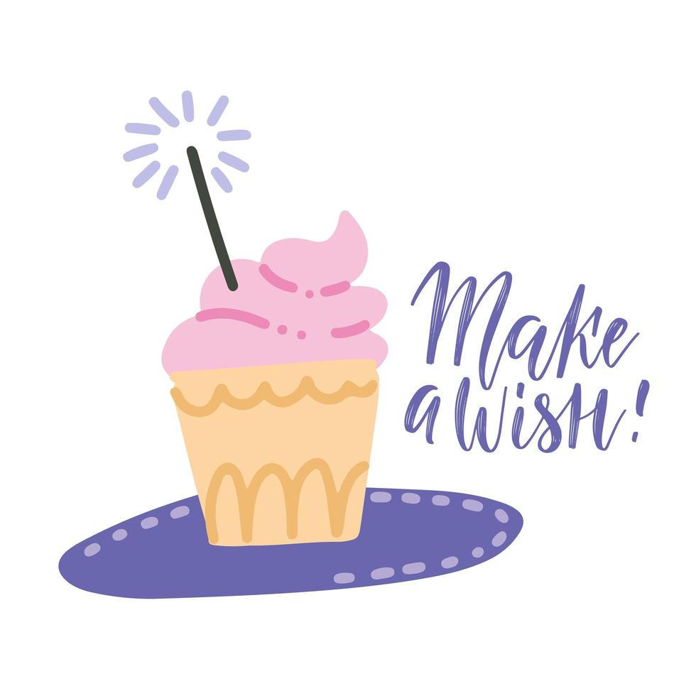 faire une carte de souhaits avec cupcake avec crème rose, cierge magique et texte de lettrage. illustration vectorielle dessinée à la main dans des couleurs pastel vecteur